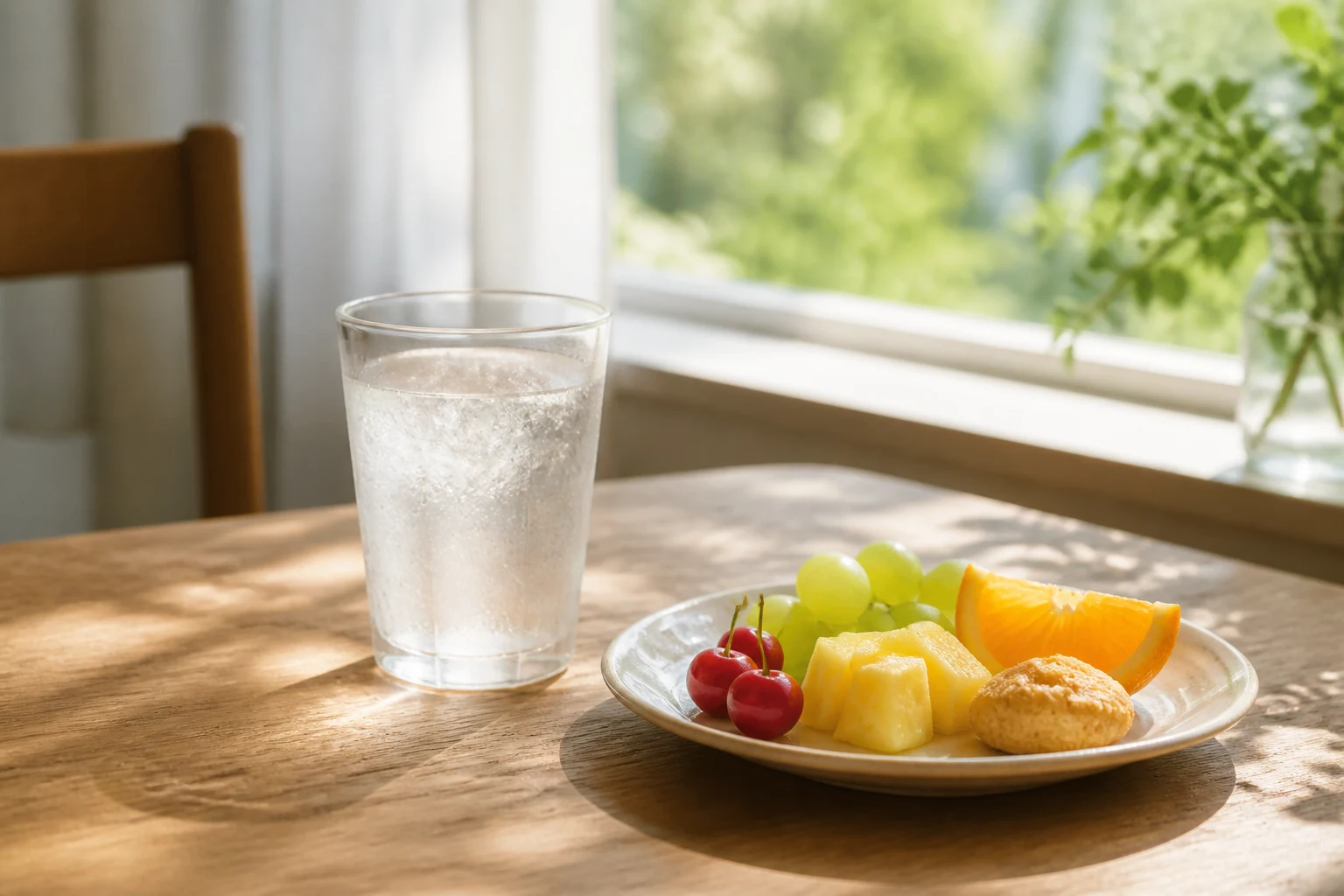 夏の午後、窓辺の木製テーブルに冷たい飲みものと少量の果物、焼き菓子を置いた様子